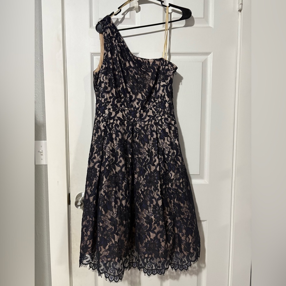 Eliza J Navy and Beige One Shoulder Dress